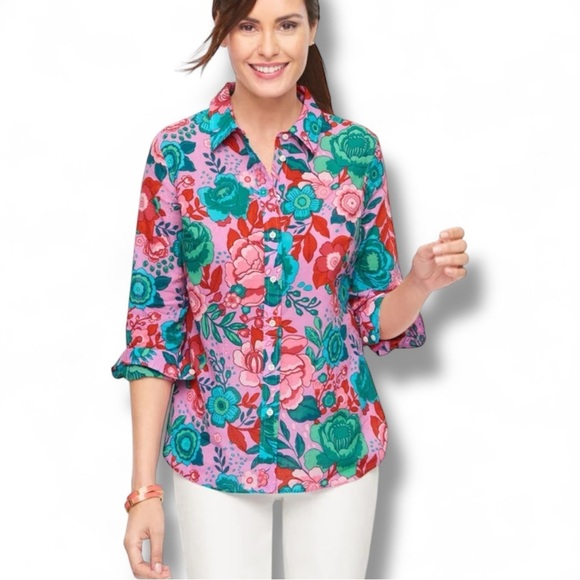 TALBOTS COTTON BUTTON FRONT SHIRT - SKETCHED BLOOMS Plus 1X - Picture 1 of 10